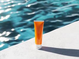 Ultra realistic sun lotion bottle by poolside in vibrant setting for high fidelity visual design photo