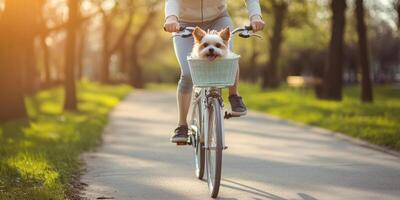 Leisure cycling with pet dog on park pathway in warm sunshine photo