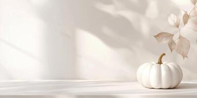 Minimalist ultra realistic composition of white pumpkin with autumn leaves perfect for modern decor photo