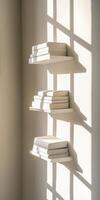 Minimalist scandinavian room corner with white floating shelves in sunlit space photo
