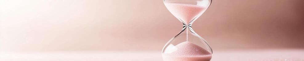 Elegant hourglass with pink sparkle sands on soft pastel background photo
