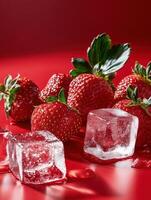 Ultra realistic 8k image of fresh ripe strawberries with ice cubes on red background photo