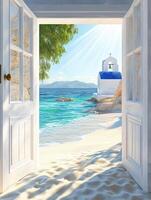 Serene beach view through open door with mediterranean coastal charm photo