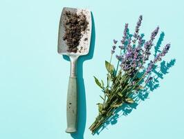 Minimalist top down composition of garden trowel with soil and lavender on blue background photo