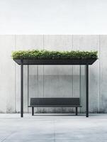 Minimalistic urban bus stop with green roof in high fidelity architectural design photo