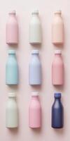 Ultra realistic image of pastel colored reusable water bottles for eco friendly design photo