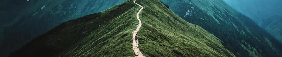 Aerial view of a serene winding trail through lush green mountains photo