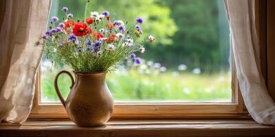 Rustic bouquet of field flowers featuring cornflowers and chamomile in a vase by a window photo