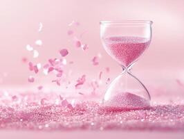 Transparent glass hourglass with soft pink sand and floating petals aesthetic photo