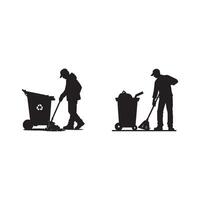 Silhouettes of a man with a garbage can and a trash can vector