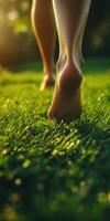 Tranquil walk on lush green grass with bare feet in sunlight photo