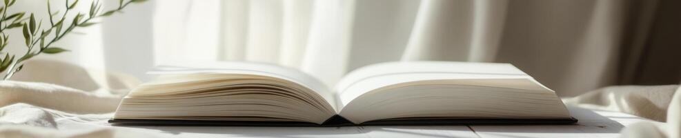 Open white book with blank pages and visible spine in sunlight for reading and inspiration photo