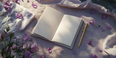 Elegant open mothers day greeting card on a fabric surface with petals photo