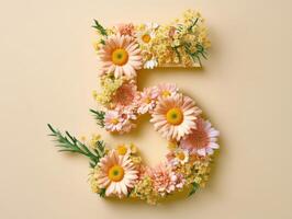 Artistic floral number five with peach colored daisies photo