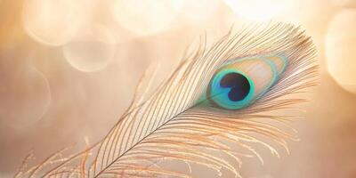 Minimalist studio shot of a single peacock feather with delicate detail and natural beauty photo