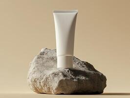 Minimalist white tube on stone for skincare product presentation photo