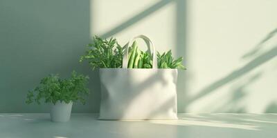 Eco friendly reusable cotton tote with fresh greens. Sustainable lifestyle concept photo