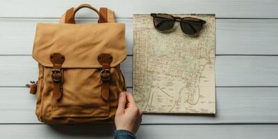 Travel essentials flat lay with backpack, sunglasses, and map for adventure planning photo