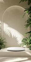 Elegant white platform with organic curves in serene tropical setting for interior design inspiration photo