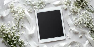 Elegant tablet display on light grey surface with white flowers and ribbons for modern design inspiration photo