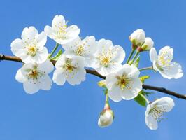 Cherry blossom branch with blooming flowers on a clear blue sky background photo