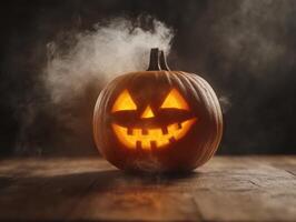 Ultra realistic Halloween jack o lantern with glowing expression for festive decorations photo