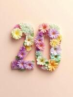 Floral number 20 design with pastel blooms for celebration and decoration photo