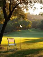 Tranquil park setting with chair and flag under tree at sunset photo