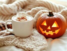 Cozy Halloween table scene with pumpkin carving and hot beverage on knitted blanket photo