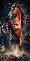 Dynamic action scene of a red horse rearing up in midair with dramatic lighting and flying debris photo