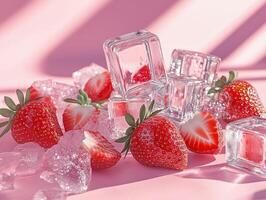 Ultra realistic close up of bright red strawberries with ice cubes on pink background photo