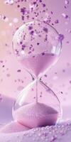 Modern transparent hourglass with dynamic pink glitter for elegant time concepts and decor photo