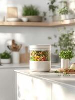 Ultra realistic modern compost bin in eco friendly kitchen setting photo