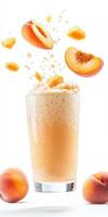 Ultra detailed floating peach smoothie in clear glass for refreshing summer design photo