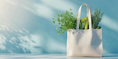 Eco friendly lifestyle with reusable cotton tote bag and fresh vegetables for sustainable living photo