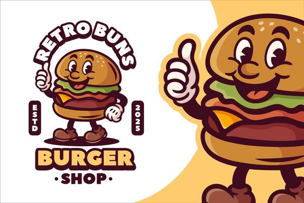 Cheerful Cheese Burger Retro Mascot Logo for Hamburger Shop and Cafe. Cartoon Character Illustration in Vintage Style