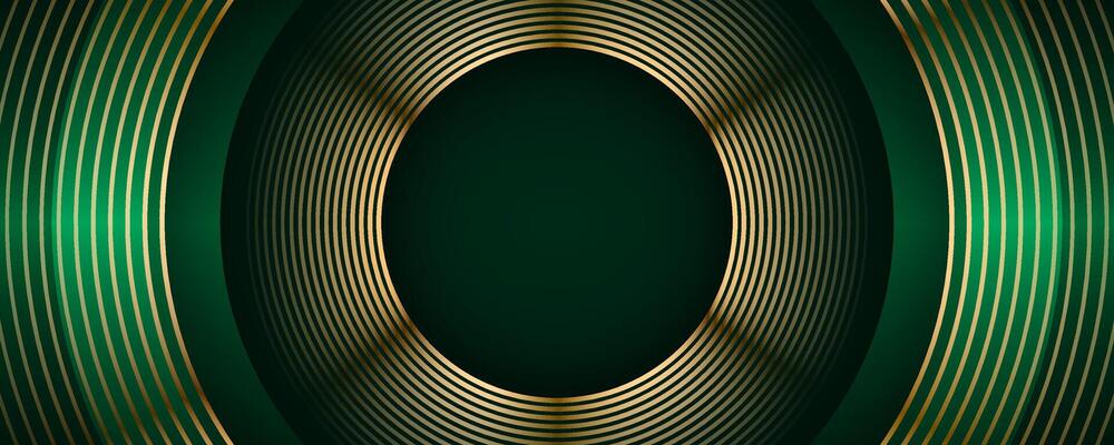 3D green luxury abstract background overlap layer on dark space with golden circles lines decoration. Modern graphic design element cutout shape style concept for web, flyer, card or brochure cover