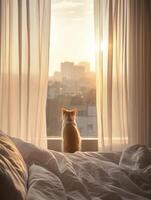 Curious cat gazing out sunny hotel window at sunrise photo