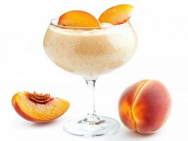 Minimalist floating peach smoothie concept in elegant glass design for beverages photo