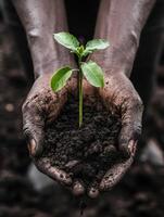 Hands holding fresh soil with seedling growth concept for environmental awareness photo