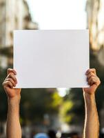 Hands holding blank white protest sign in urban setting for activism display or message photo