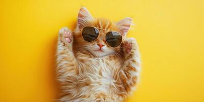 Relaxed ginger cat with sunglasses on yellow background photo