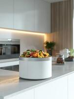 Ultra realistic image of modern compost bin on kitchen counter for eco friendly home design photo