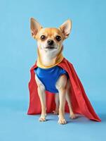Small dog in superhero costume exuding confidence on blue background photo