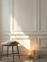 Serene minimalist interior with small wooden table, candles, and soft light photo