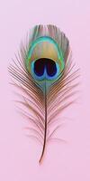 Vibrant peacock feather on pastel pink background for elegant decor and design photo