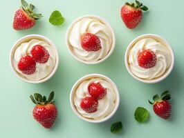 Minimalist overhead flat lay of cream desserts with strawberries and mint on pastel background photo