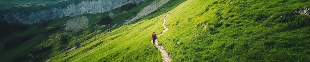 Serene drone view of winding trail through lush green hills for nature exploration and adventure photo
