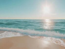Ultra realistic ocean wave at sunset, gentle surf on sandy beach, tranquil seaside scene photo