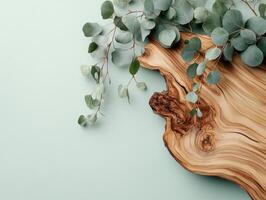 Minimalist nature composition with eucalyptus leaves on wooden surface for design inspiration photo